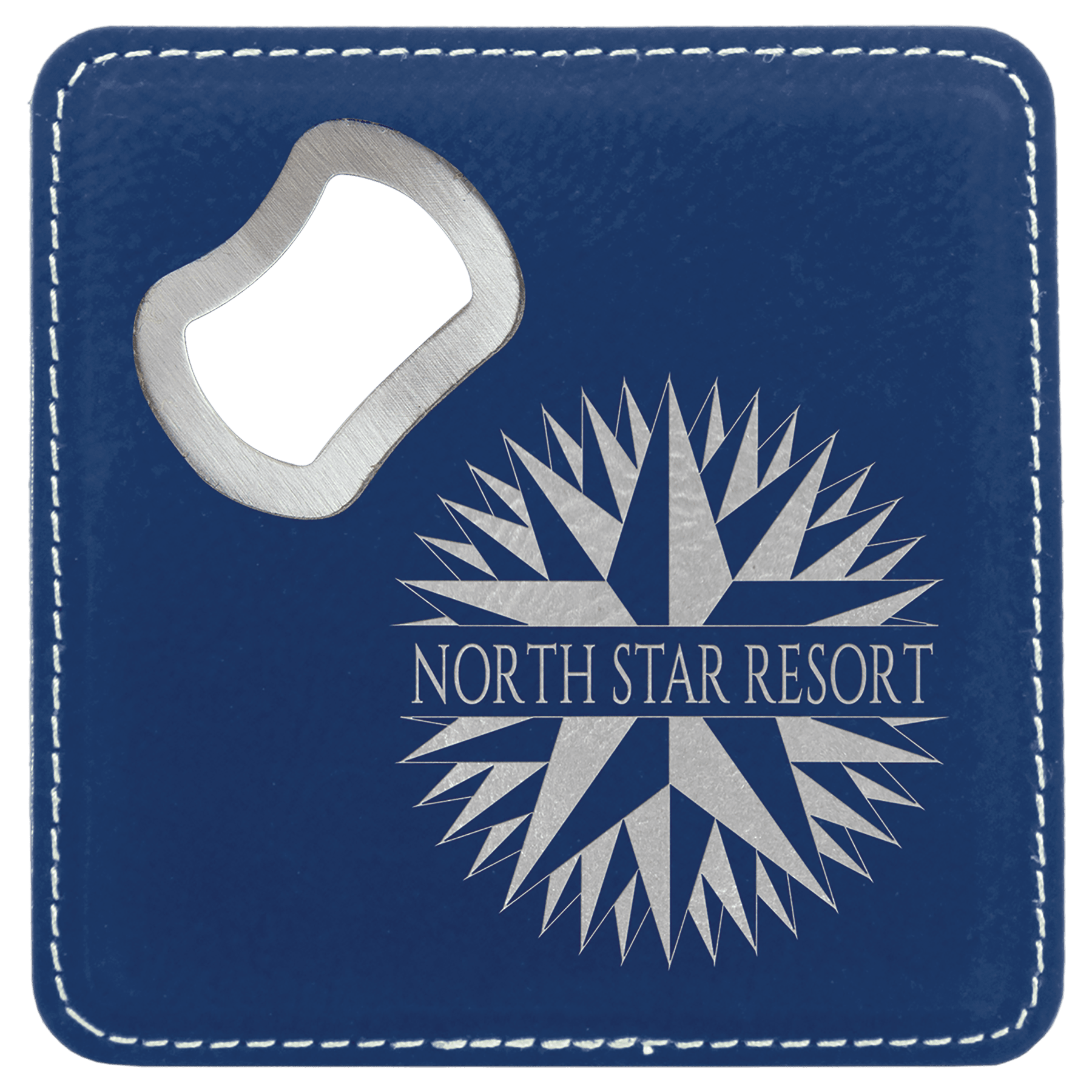 Blue/Silver 4" x 4" Square Laserable Leatherette Coaster with Bottle Opener