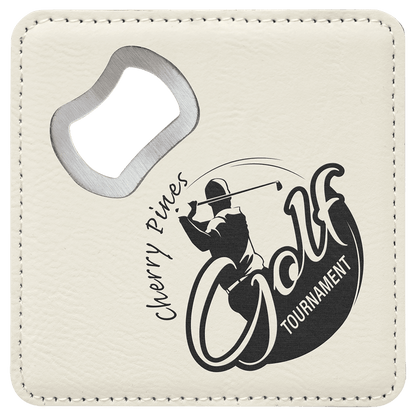 White 4" x 4" Square Laserable Leatherette Coaster with Bottle Opener