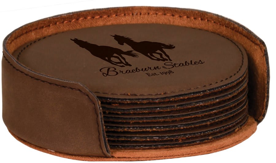 Dark Brown 4" Round Laserable Leatherette 6-Coaster Set