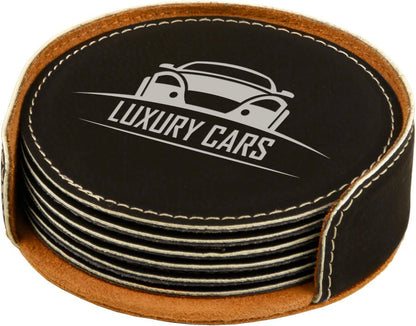 Black/Silver 4" Round Laserable Leatherette 6-Coaster Set