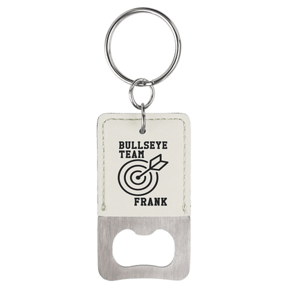White Rectangle Laserable Leatherette Bottle Opener Keychain